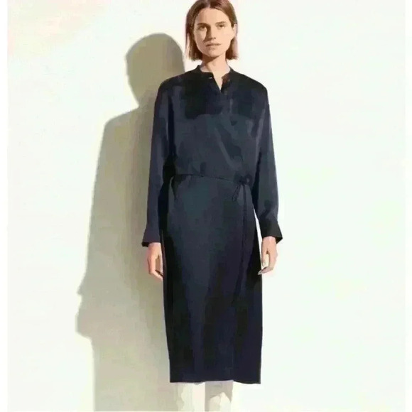 Vince Silk Charmeuse Long-Sleeve Wrap Dress In Baltic (Navy) Small EUC! - Picture 3 of 16